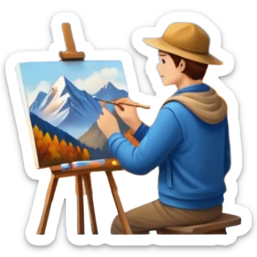 Artist painting a beautiful autumn mountain peak destination on canvas sticker