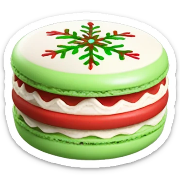 Macaron decorated with red and green snowflakes and a creamy white filling sticker