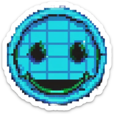 smiley face emoji in pixel art style with 80's Tron neon colors and grid sticker