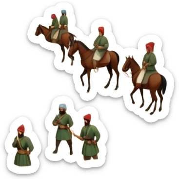 Early Ottoman settlement being built. Wooden houses, tents, and a small market. People in traditional Ottoman clothes, soldiers on horseback, and a flag waving sticker