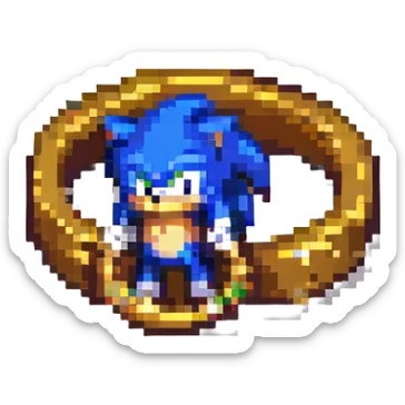 Add a pixel art gold ring in front of Sonic, preserving the classic pixel art style with clear pixel edges and limited color palette. sticker
