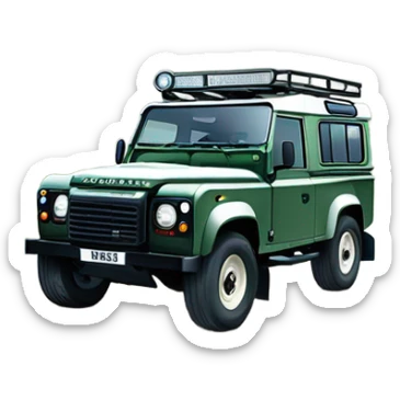 A Land Rover Defender traversing mountainous terrain full of rocks and bushes, with its iconic round headlights and robust front grille highlighted, showcasing its unparalleled off-road capability. sticker