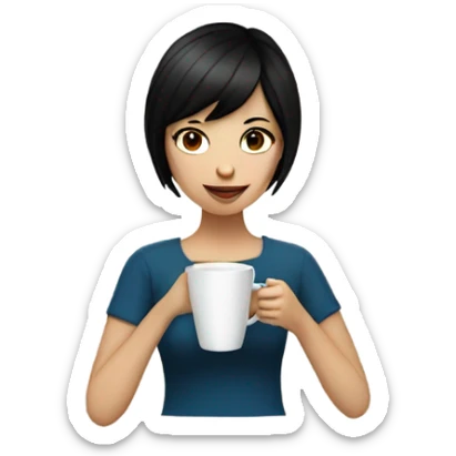 Girl with very short black hair, fair skin and brown eyes drinking coffee sticker
