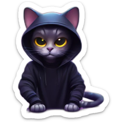 cat wearing a black hoodie with "OMG" letters on it and VR headset in a cyberpunk VR environment with violet neon lighting. sticker