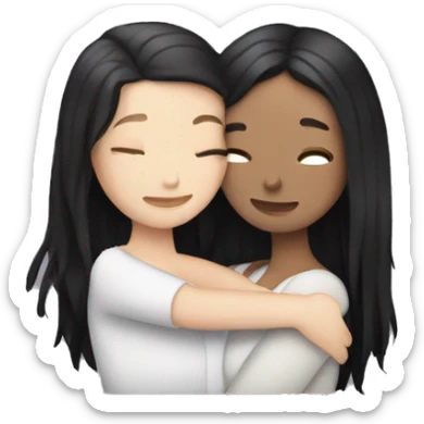 A lesbian couple who both have white skin and long black hair are hugging intimately. sticker