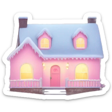 Pastel pink house with snow and Christmas lights and Christmas trees￼ sticker