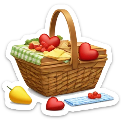 Heart shaped picnic basket with food in it and a white bow on the side of the basket sticker