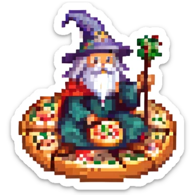 A wizard sitting on a pizza, playful and whimsical, bright and cheerful colors. sticker