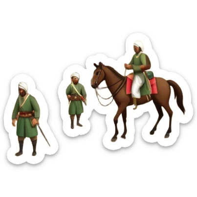 Early Ottoman settlement being built. Wooden houses, tents, and a small market. People in traditional Ottoman clothes, soldiers on horseback, and a flag waving sticker