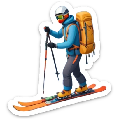Icon for Mountain Tourism: a snowy mountain peak in the landscape, with skis, a snowboard, an ice axe, a backpack and a camera. The icon should capture the adventure and exploration of mountain landscapes. Transparent background. sticker