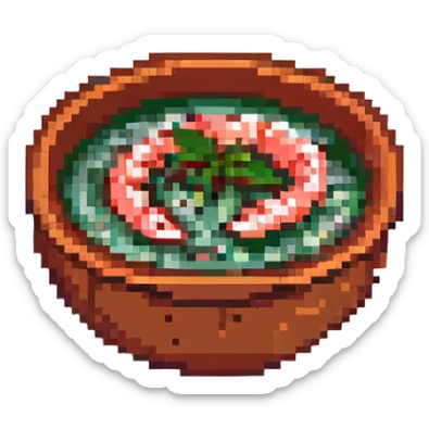 tom yum soup, pixel art, small bowl with red broth, shrimp, and green herbs, retro game vibe sticker