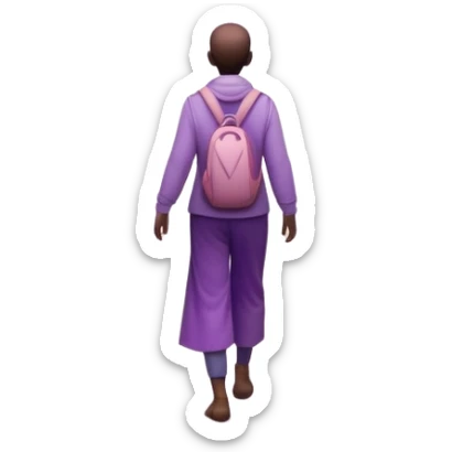 A small figure walks back across a foggy bridge, holding soft pink and purple orbs in each hand—symbolizing compassion and forgiveness. A gentle heart aura trails behind them, showing healing in motion. sticker