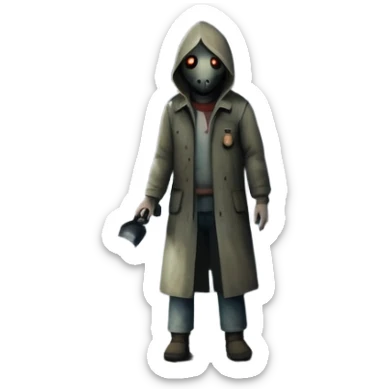 An icon depicting a dark, foggy street with eerie, abandoned buildings, inspired by Silent Hill 2. The design features a mysterious figure holding a flashlight, casting long shadows. A chilling atmosphere is created by dim lighting and unsettling details. Transparent background. sticker