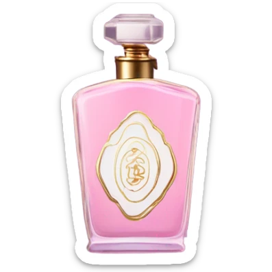 Aesthetic still life of delicate pink carnations beside a vintage purple perfume bottle. sticker