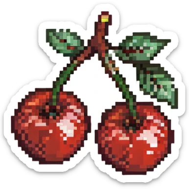 Pixel art of two red cherries on a brown branch with green leaves sticker