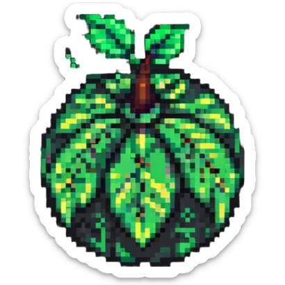 Green digital bomb with leaf-shaped fuse at the top, round black bomb body with green accents, pixel art style sticker