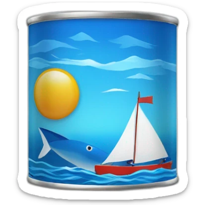 Realistic small can of tuna showing a blue sailling boat on a sea background sticker
