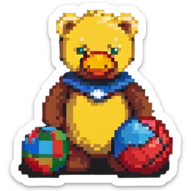 classic childhood toys scattered - brown teddy bear, yellow duck toy, primary colored blocks, red ball, superhero figure sticker
