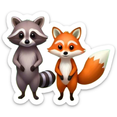 raccoon and a fox among a colorful forest with vibrant green trees, bushes and flowers. The animals are in the foreground, surrounded by a lush, bright forest, with soft sunlight filtering through the leaves. A playful photo-realistic and wild scene with a transparent background. sticker