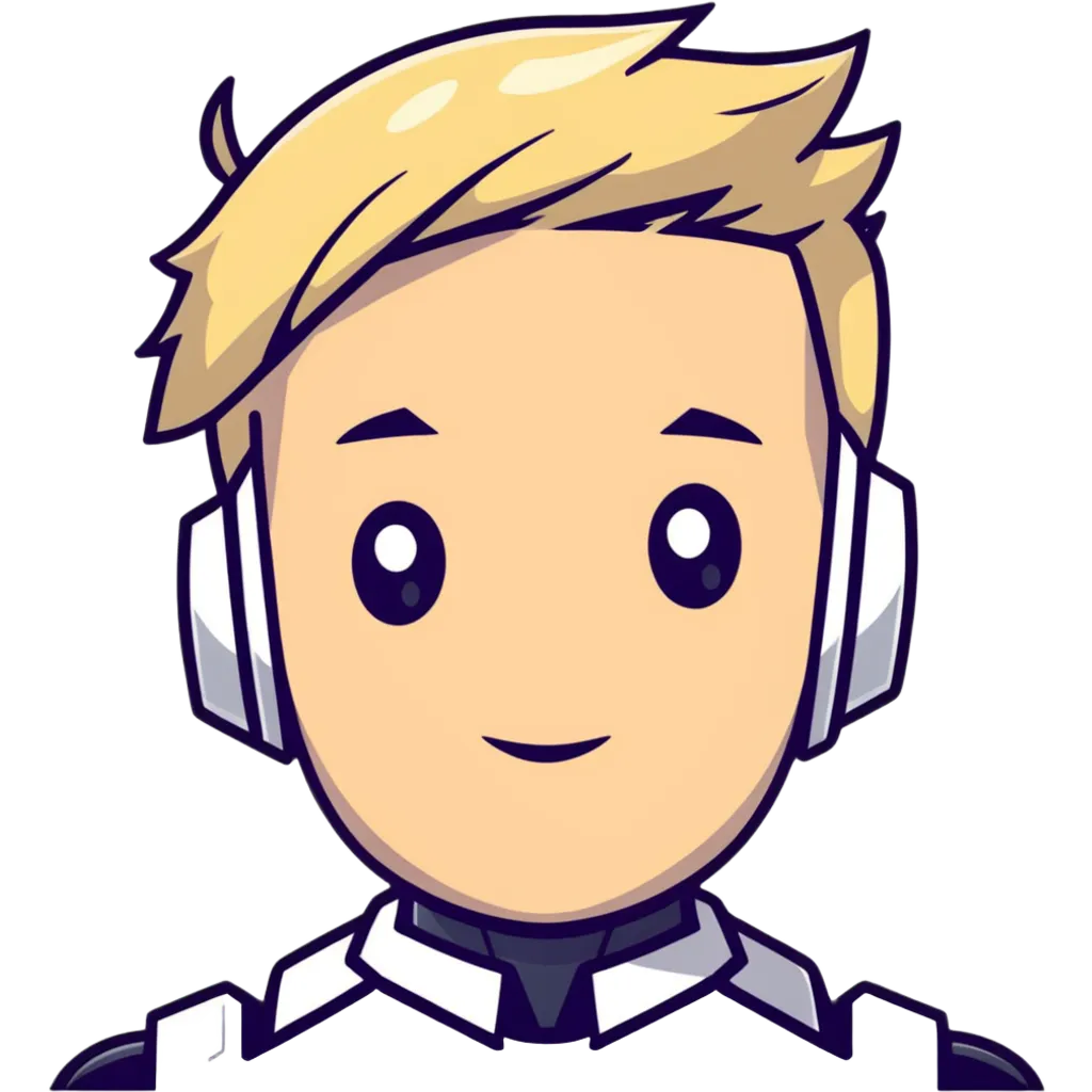 Male robot face with blond hair, sharp features, neutral expression, white collar, futuristic assistant emoji