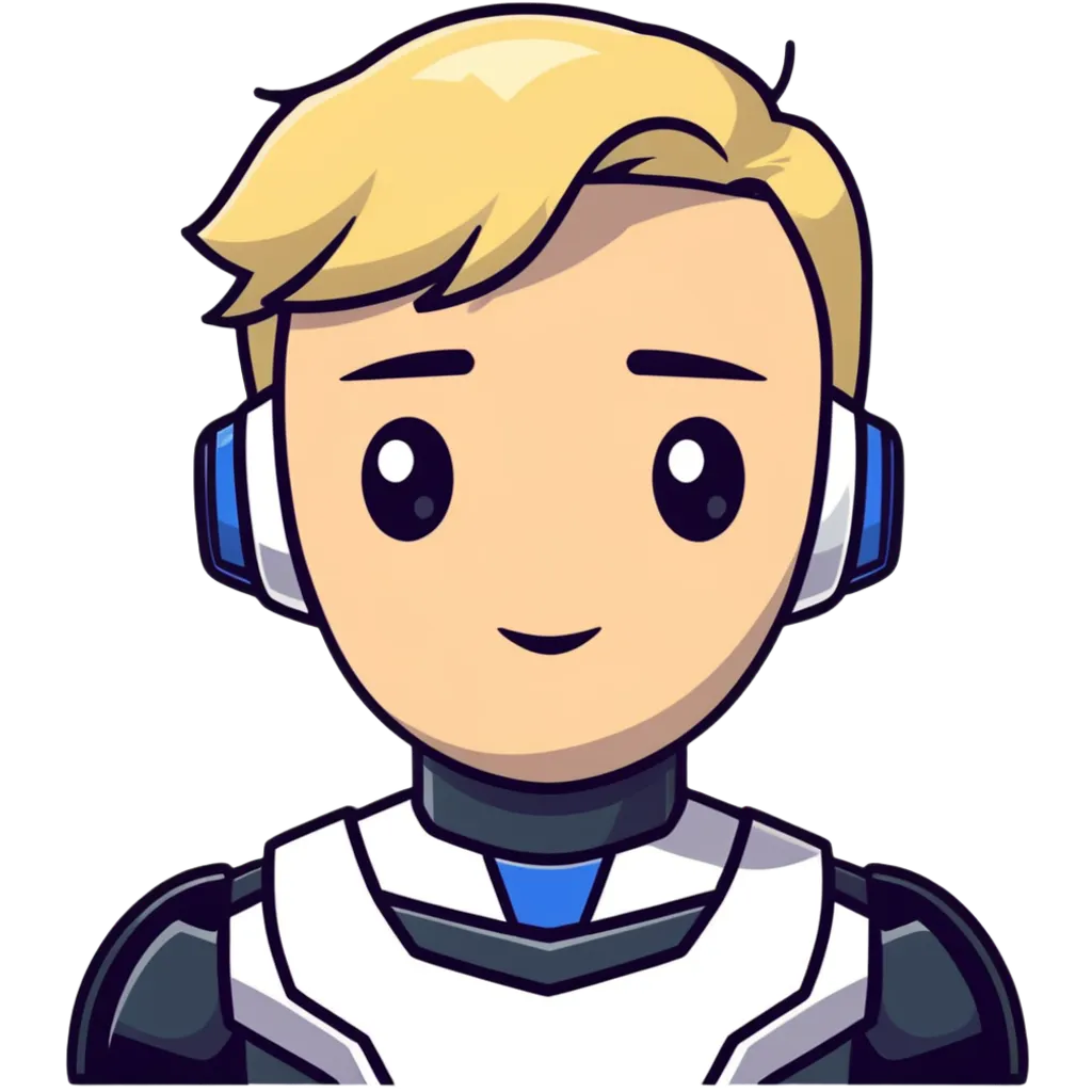 Male robot face with blond hair, sharp features, neutral expression, white collar, futuristic assistant emoji