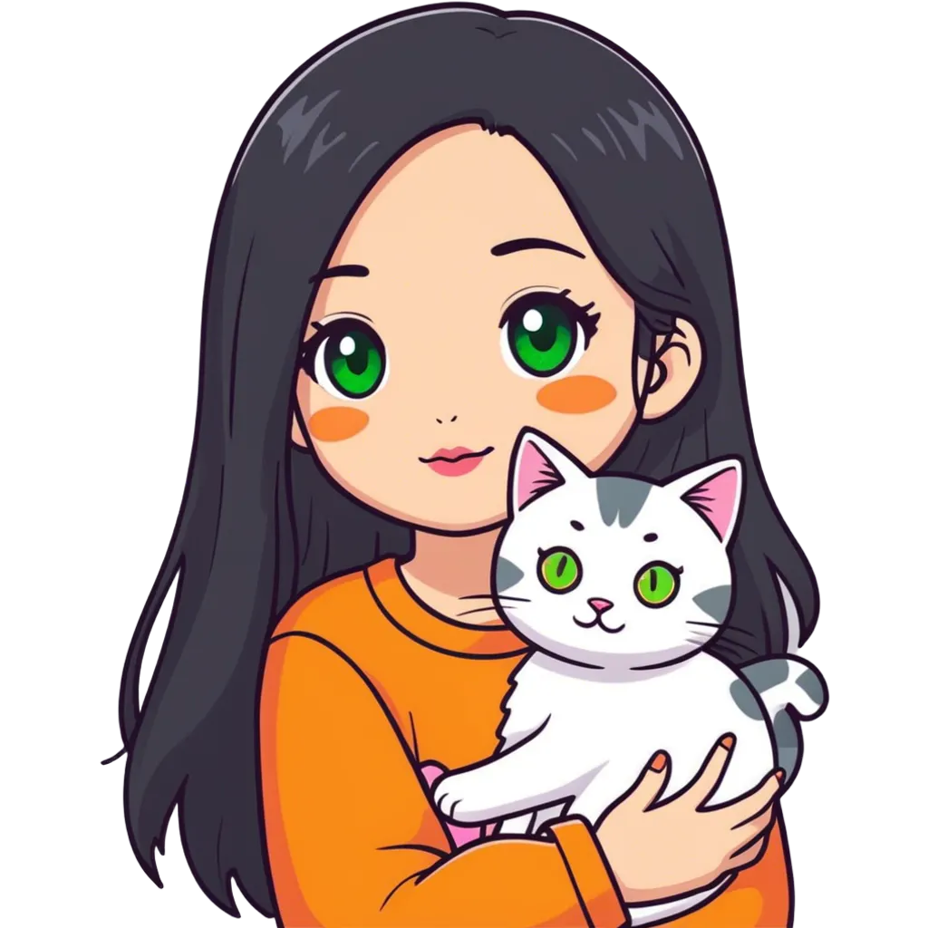 Girl with black lomg hair and brown eyes and makeup with pink pretty lips holding a cat with green eyes, with a face half grey and half orange and grey, white and orange spots emoji