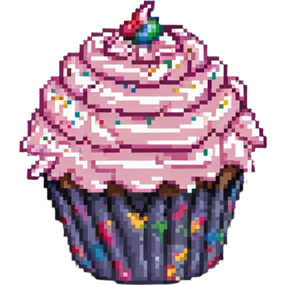 giant cupcake with pink icing and colorful sprinkles in pixel art style emoji