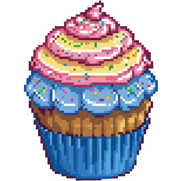 large cupcake with pink frosting, rainbow sprinkles, blue cupcake wrapper, pixel art style emoji