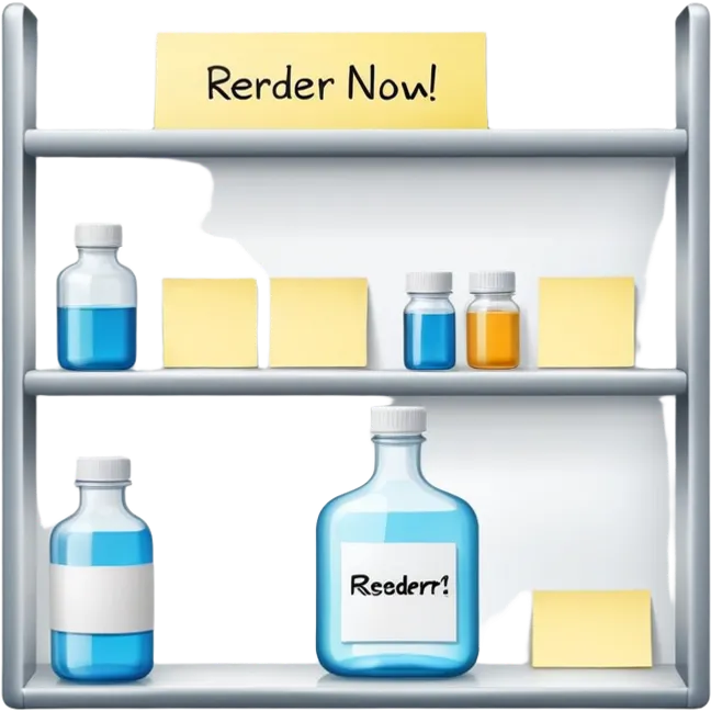 empty big shelf with single serum bottle, prominent sticky note with 'reorder now!' text emoji