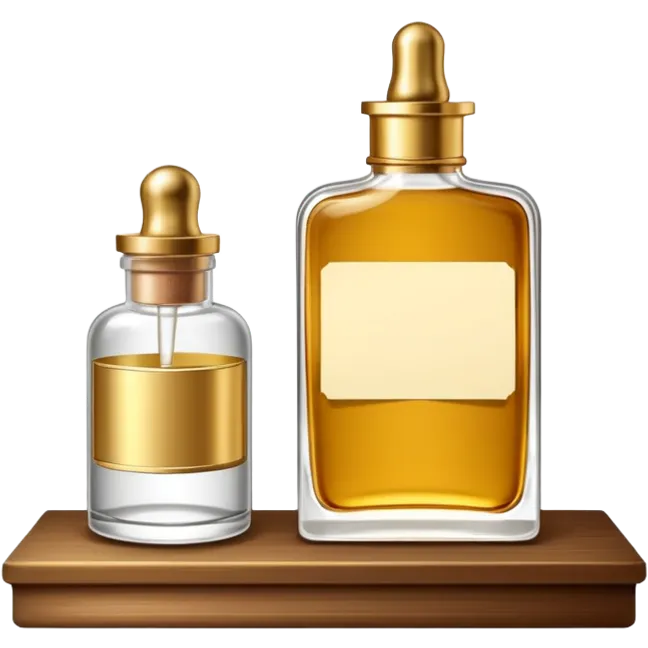 luxurious serum bottle with fancy label on a shelf, blank sticky note nearby emoji
