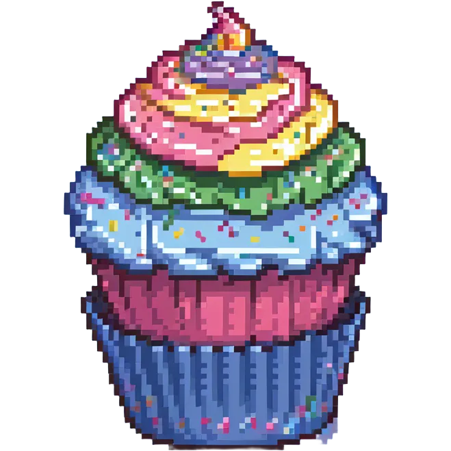 large cupcake with pink frosting, rainbow sprinkles, blue cupcake wrapper, pixel art style emoji
