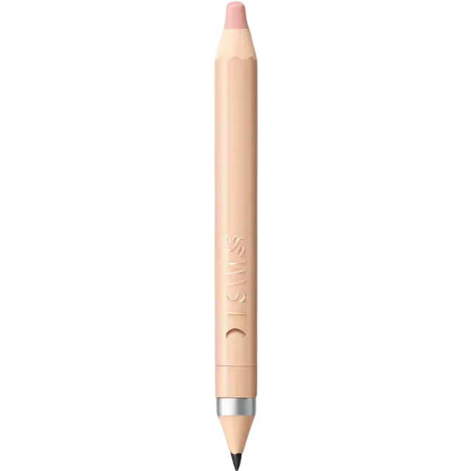 3D emoji-style lip pencil in nude beige color, labeled ‘Miss Tais 765’, with a sleek minimalist design. Pencil tip exposed, soft shadows, glossy plastic body, pastel background. Apple-style emoji aesthetic, clean and modern emoji