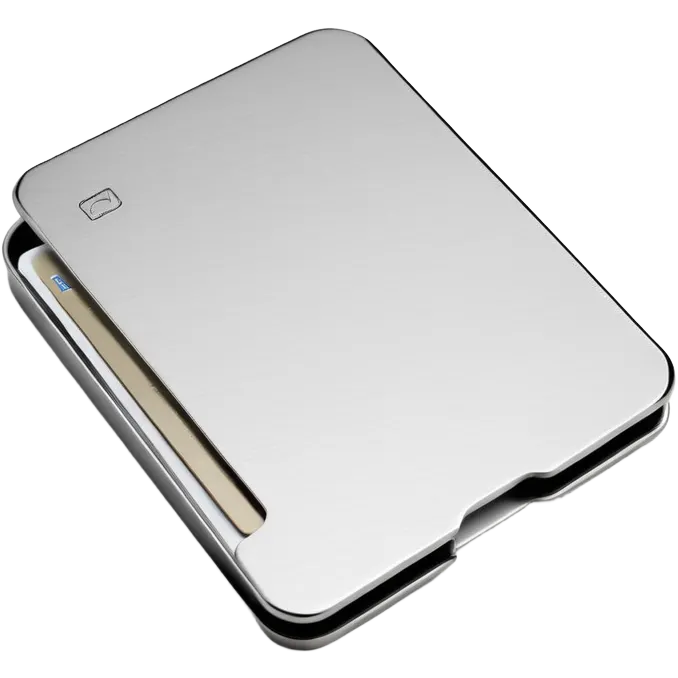 The Lockcard Wallet is a slim, rectangular metal cardholder with rounded corners, a matte finish, and a subtle engraved logo. It has a minimalist, modern, and industrial look. emoji
