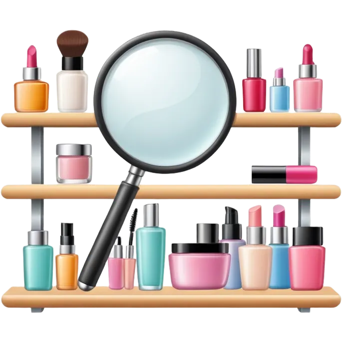 magnifying glass over beauty product shelf, searching for last item emoji
