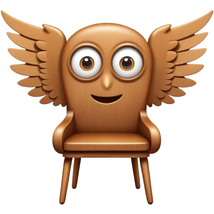 A wooden chair with big cartoon eyes, flying through the air with small wings emoji