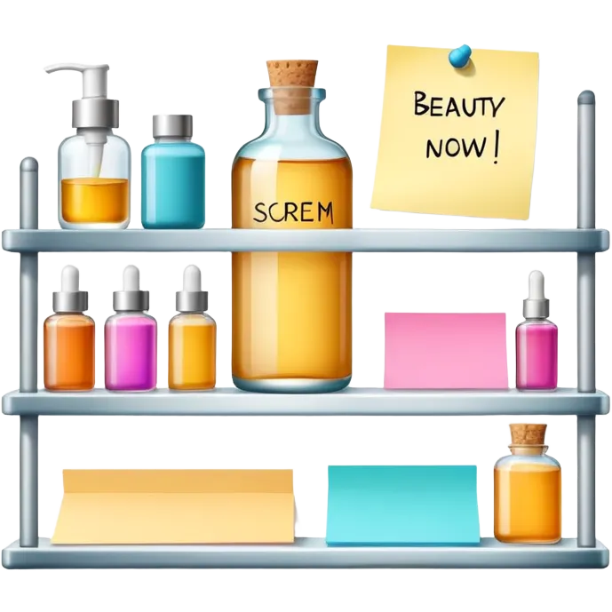 big shelf with one beauty serum, large sticky note with 'reorder now!' text emoji