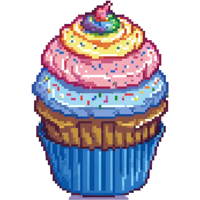 large cupcake with pink frosting, rainbow sprinkles, blue cupcake wrapper, pixel art style emoji