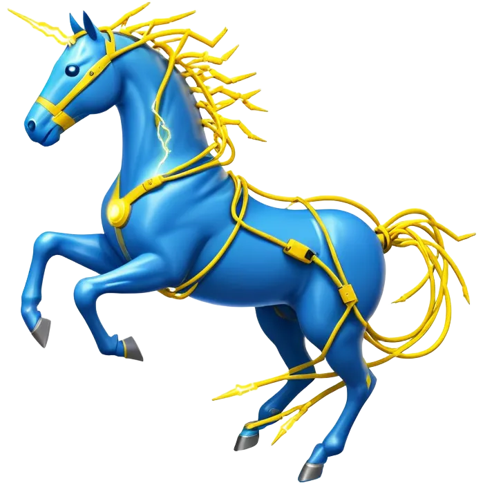 yellow fast electric horse made of electricity, bolts, visible yellow wires, lightning, blue electricity accents, dynamic running pose emoji
