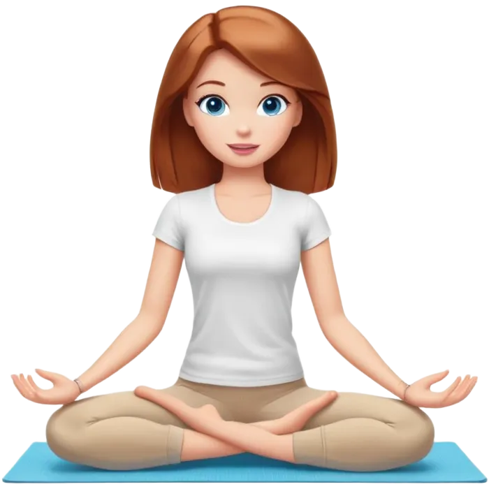 A Barbie girl with blue eyes, shoulder-length reddish-brown hair, made-up, wearing a white T-shirt and beige leggings, does yoga emoji