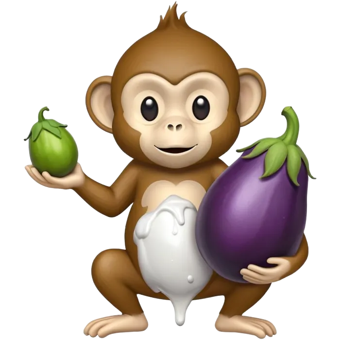 A monkey with an eggplant covered in white paint emoji