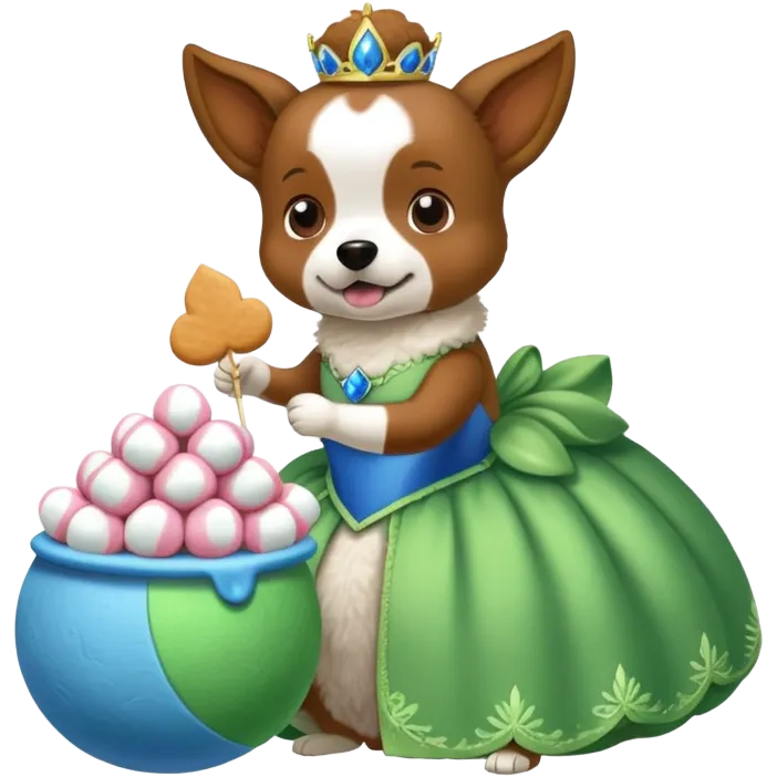 A blue leaf in a green ball gown eating marshmallows on top of a dog emoji