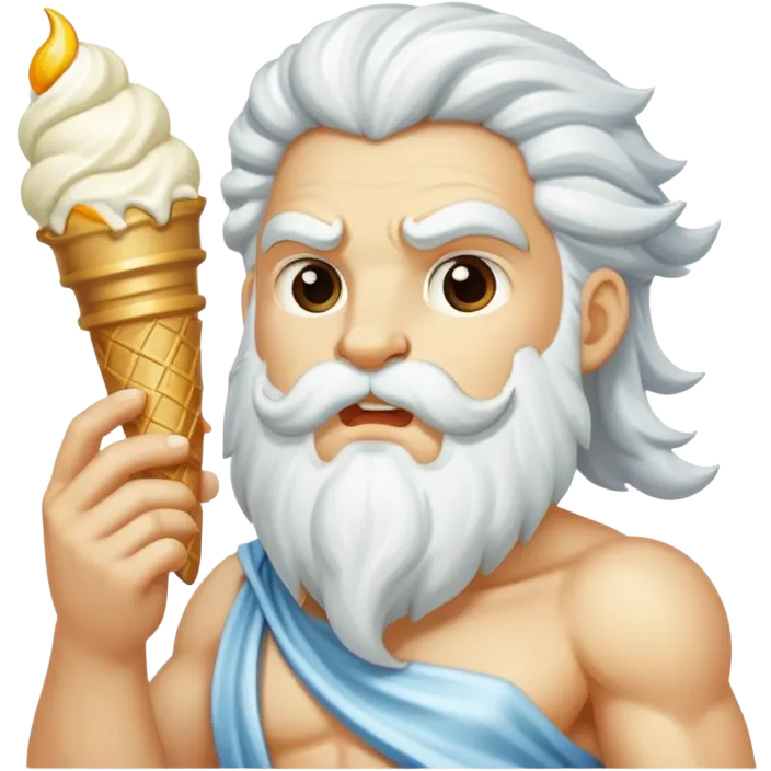 Zeus eating white ice cream and holding a thunderbolt emoji