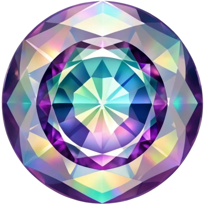 Round cut gemstone of mystic quartz with swirling holographic colors inside emoji