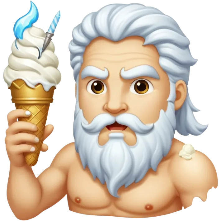 Zeus eating white ice cream and holding a thunderbolt emoji