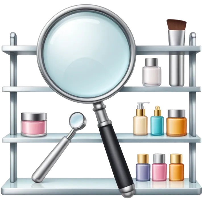 front view magnifying glass over beauty product shelf searching for last item emoji
