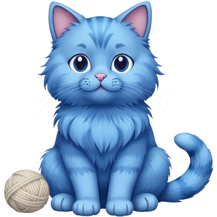 blue cat full body sitting with a wool ball emoji
