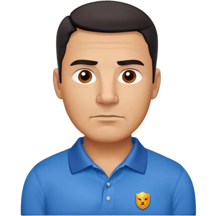 Strong built middle-aged Hispanic man with tan complexion, square masculine face with defined jawline, short black hair with clean fade cut, medium dark brown eyes, thick eyebrows, wide nose, neutral expression, wearing blue polo shirt emoji