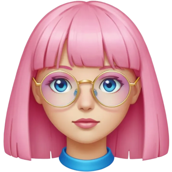 A pink straight haired girl with bangs, circular golden glasses, light skin and blue eyes emoji