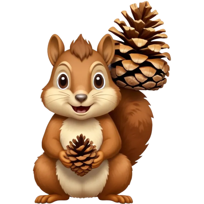 A greedy squirrel with a large pine cone balanced on its head, making a weird facial expression, wide eyes, and mischievous grin emoji
