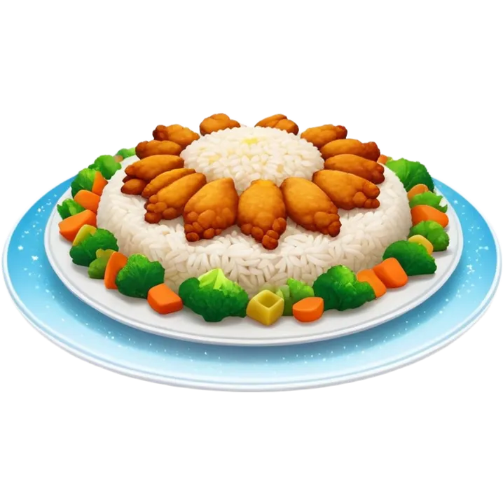 Magical floating plate with ethereal glowing rice, chicken pieces surrounded by sparkles, and enchanted Puerto Rican Boricua mix vegetables emoji